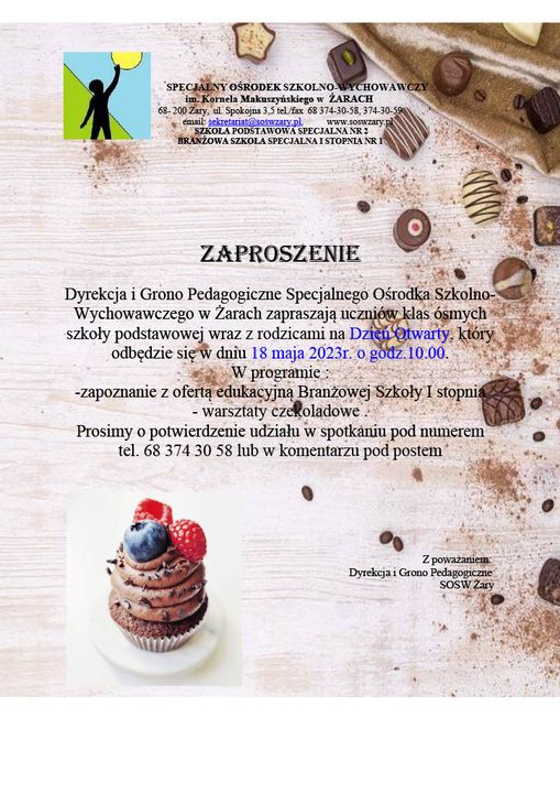 Na środku są napisy. U góry po ldewej stronie logo Ośrodka , po prawej stronie rysunki ciastek.