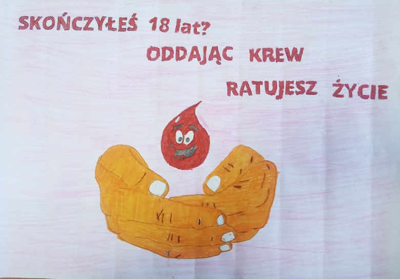 U góry hasło. Pod spodem kropla krwi w dłoni