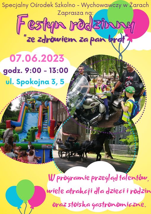 Na żółtym tle kolorowe balony, napisy i zdjęcia 