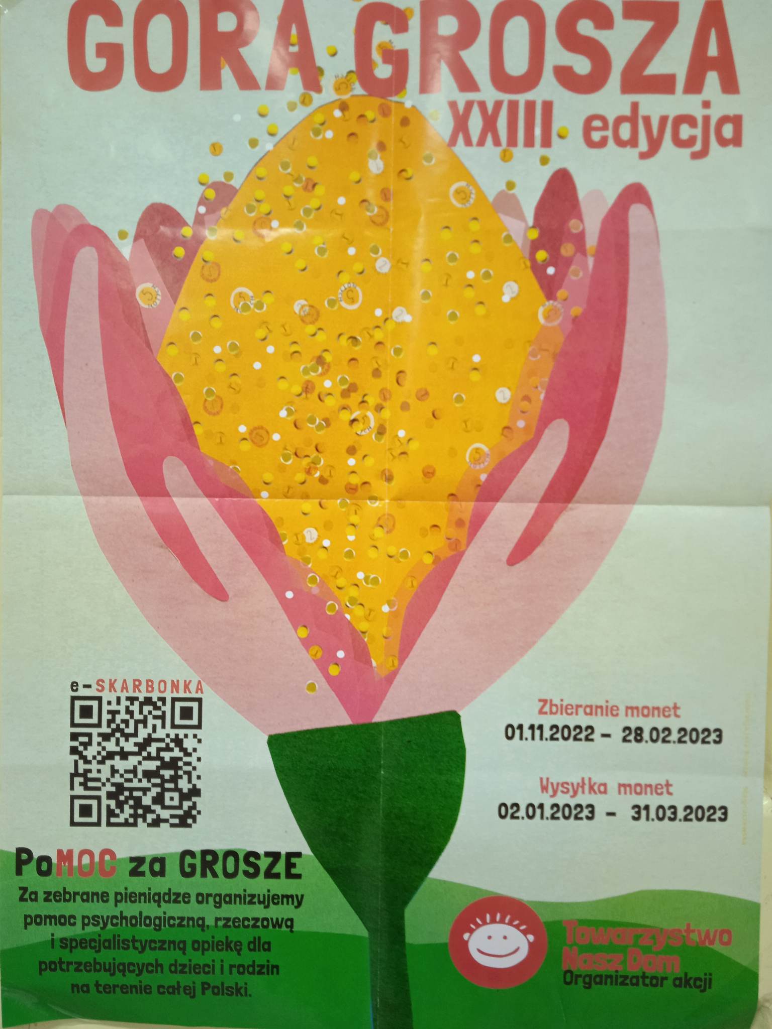 plakat- na górze napis, pod spodem kwiat