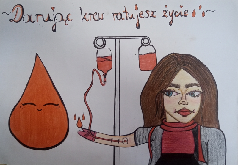 Na górze napis, pod spodem rysunek dziewczynki 