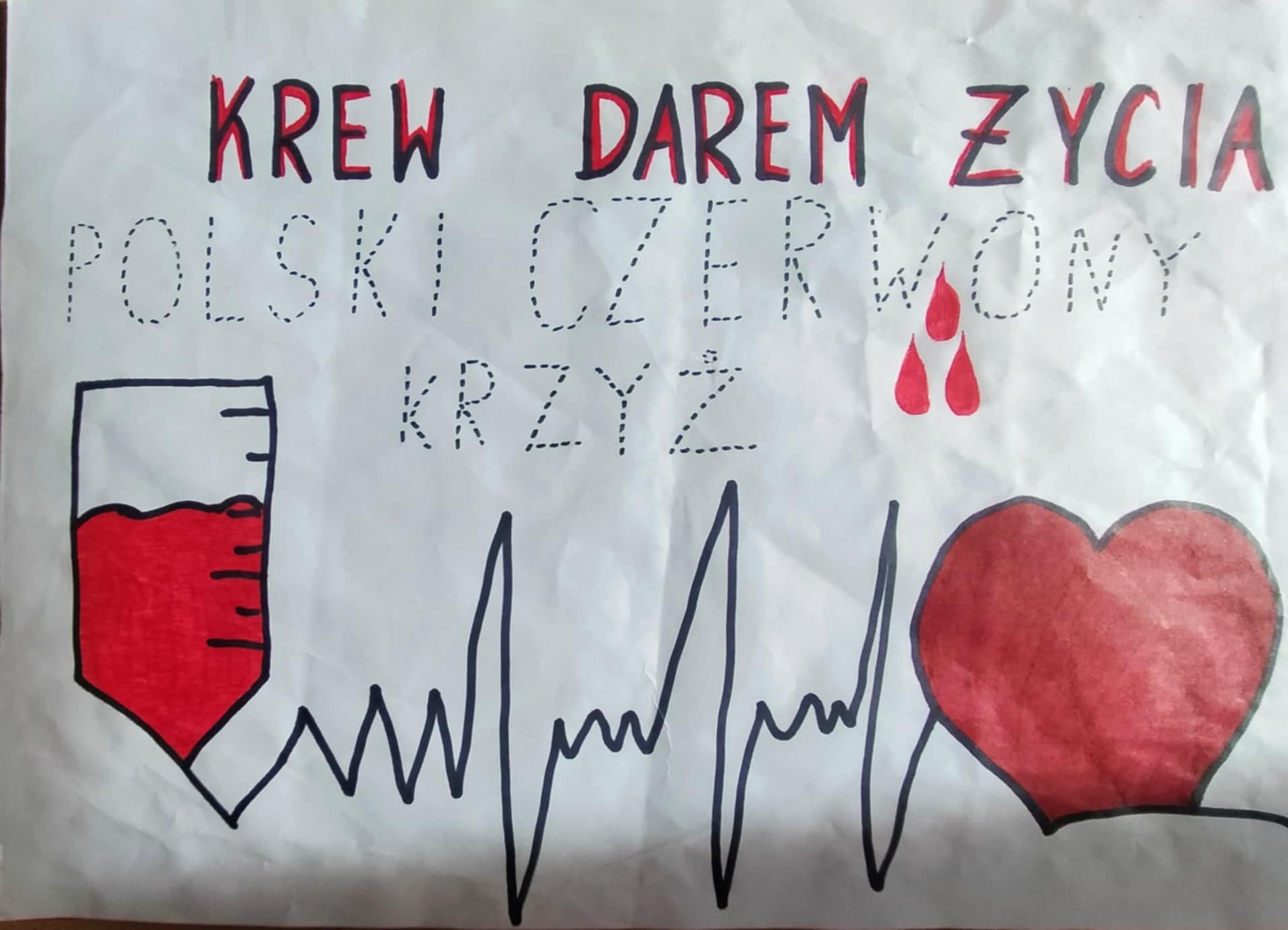 Na obrazku widać: wykres EKG serca, serce, krople krwi i napisy 