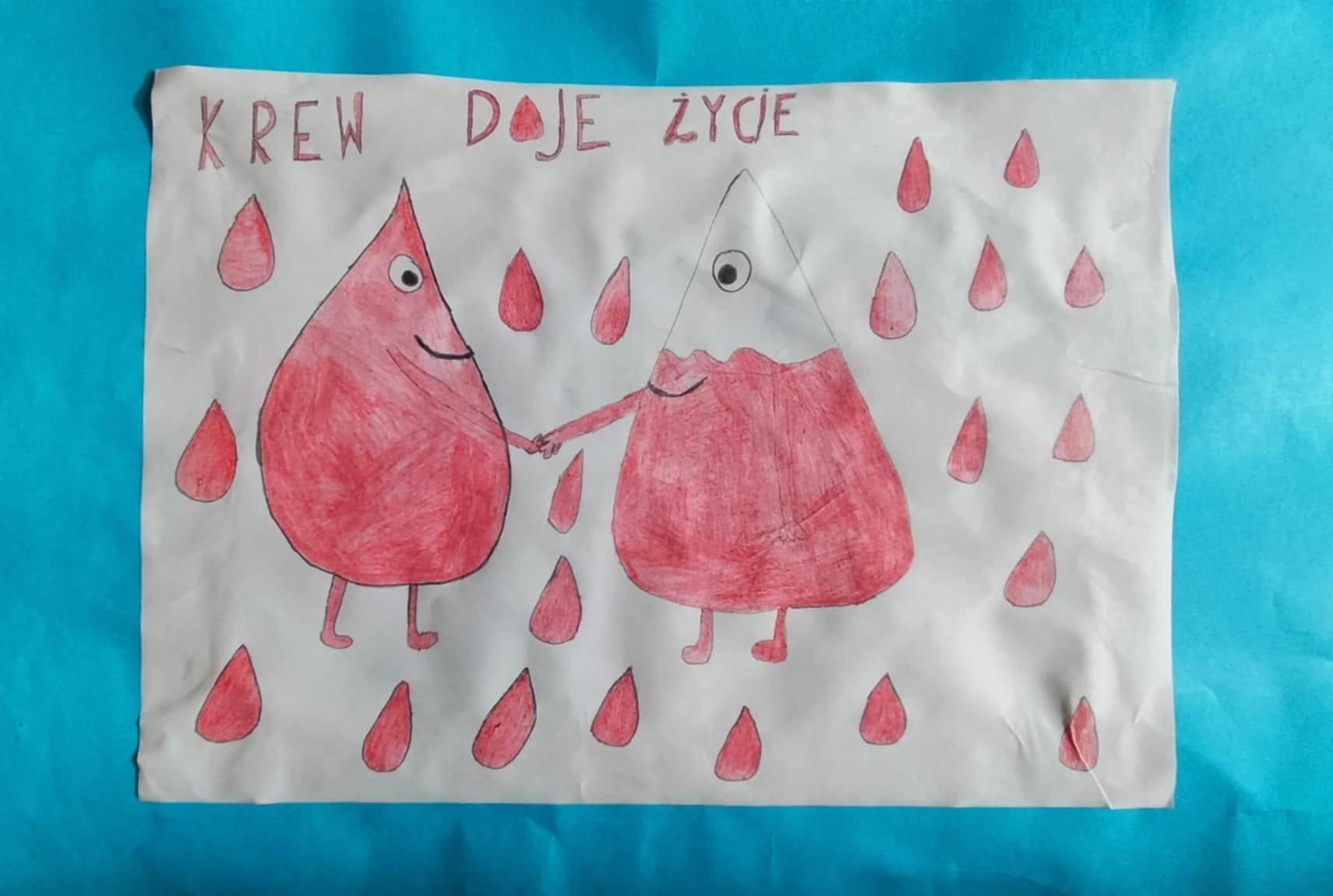Na obrazku widać: dwie krople krwi i napisy