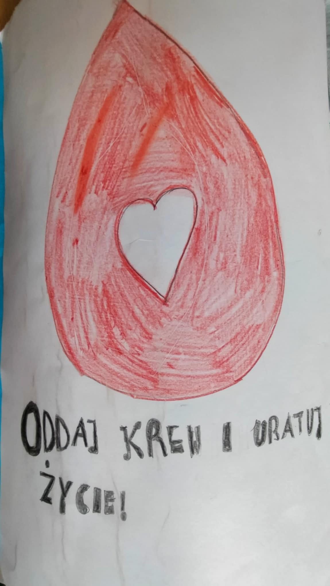 Na obrazku widać: kroplę krwi, serce i napisy